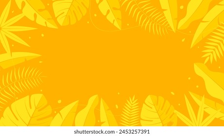 "Hello Summer" concept design with abstract illustrations on a background of exotic forest leaves, yellow designs, as well as summer backgrounds and banners.