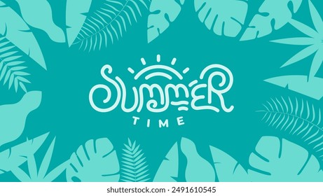 "Hello Summer" concept design with abstract illustrations on a background of exotic forest leaves, as well as summer backgrounds and banners.