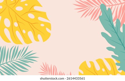 Hello Summer concept design, abstract illustration with jungle exotic leaves, colorful design, summer background and banner