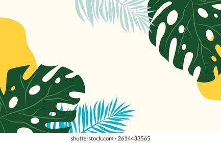 Hello Summer concept design, abstract illustration with jungle exotic leaves, colorful design, summer background and banner