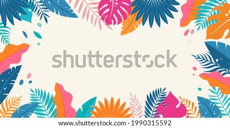 Hello Summer concept design, abstract illustration with jungle exotic leaves, colorful design, summer background and banner