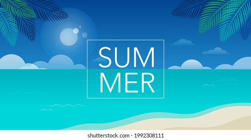 Hello Summer concept design, summer beach panorama, abstract illustration with jungle exotic leaves, colorful design, summer background and banner