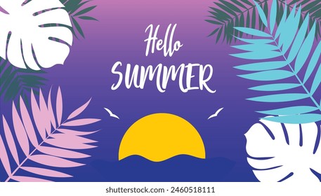 Hello Summer. Summer concept design. Creative background of landscape, tropical leaves, sunset and seagulls. Summer sale, post template.