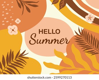 Hello summer concept design. Creative abstract shape background and plant colorful of summer season for sale post template.