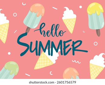Hello summer concept design. Creative abstract shape background and ice cream colorful of summer season for sale post template.