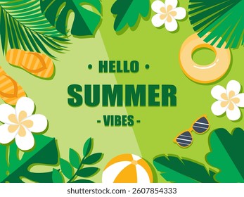 Hello summer concept design. Creative abstract shape background and plant colorful of summer season for sale post template.
