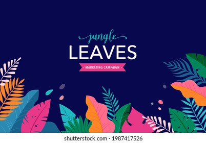 Hallo Sommerkonzept-Design, Sommerpanorama, abstrakte Illustration mit Dschungelexotischen Blättern, buntes Design, Sommerhintergrund und Banner