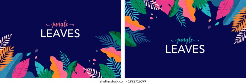 Hello Summer concept design, summer fun abstract illustration with jungle exotic leaves, colorful design, summer background and banner