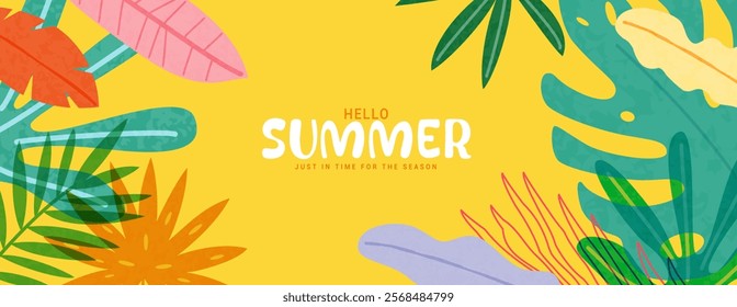 Hello Summer concept design, greeting, abstract illustration with jungle exotic leaves, colorful design, website design, summer background and banner in yellow background