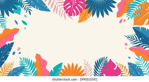 Hello Summer -konseptisuunnittelu, kesäpanoraama, abstrakti kuva viidakon eksoottisilla lehdillä, värikäs muotoilu, kesätausta ja banneri