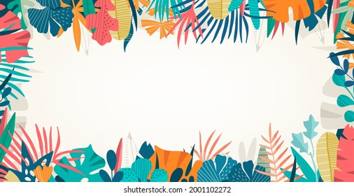 Hola Diseño conceptual de verano, panorama de verano, ilustración abstracta con hojas exóticas de selva, diseño colorido, fondo de verano y banner