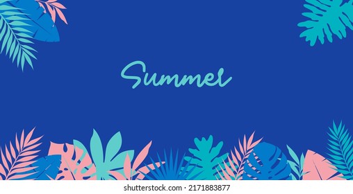 Hello Summer concept design, summer panorama, abstract illustration with tropical exotic leaves. background of landscape, panorama of sea and beach with copy space