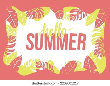 Hallo Sommer Konzept Design, Sommer-Panorama, abstrakte Illustration mit Dschungelexotischen Blättern, buntes Design, Sommer-Buchcover-Design, Grußkarten, Tapeten, Brot und Banner editable