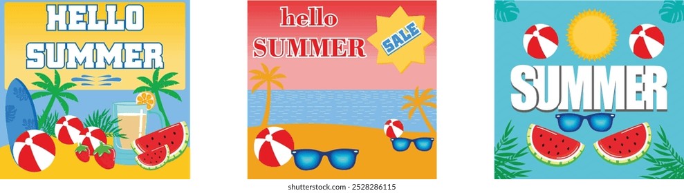 Hello summer concept design. Summer travel poster banner. Summer text banner design with white title and colorful tropical beach elements. Set flat vector modern illustration