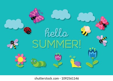 
Hello Summer concept with flowers, clouds, butterflies, dragonfly, caterpillar, snail, ladybug and bee. Vector illustration.