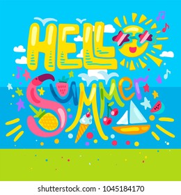 Hello Summer Concept With Fruits, Ice Cream, Flamingos, Yacht and Sun. Vector