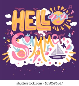 Hello Summer Concept With Fruits, Ice Cream, Flamingos, Yacht and Sun. Vector