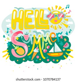 Hello Summer Concept With Fruits, Ice Cream, Flamingos, Yacht and Sun. Vector