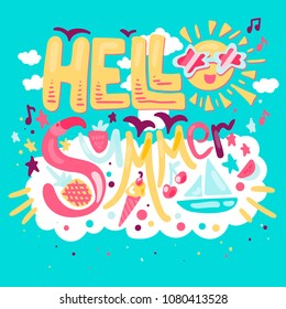 Hello Summer Concept With Fruits, Ice Cream, Flamingos, Yacht and Sun. Vector