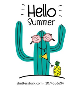 Hello Summer Concept With Fun Cactus And Pineapple.