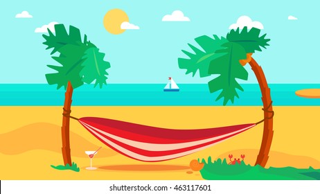 Hello Summer Concept with hammock and cocktail on palm beach. Vacation and travel tropical poster with sun and exotic island. Vector