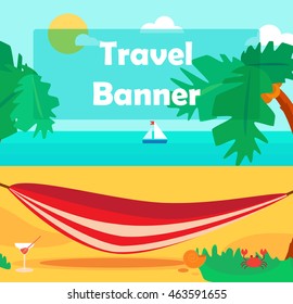 Hello Summer Concept with hammock and cocktail on palm beach. Vacation and travel tropical poster with sun and exotic island. Vector