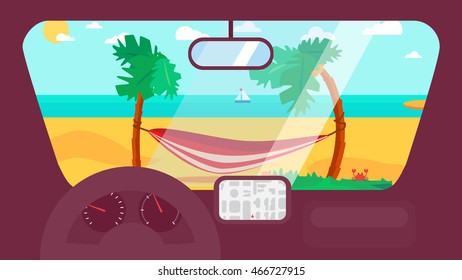 Hello Summer Concept with hammock on palm beach from inside car interior with wheel, speedometer, gps navigator. Vacation travel tropical poster with sun exotic island. Vector