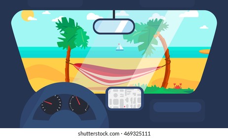Hello Summer Concept with hammock on palm beach from inside car interior with wheel, speedometer, gps navigator. Vacation travel tropical poster with sun exotic island. Vector