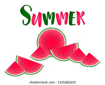 Hello summer concept. Juicy watermelon slice vector illustration. Organic food element for summer diet. Red green water melon fruit. Vector summer dessert nutrition watermelon berry with black seeds.
