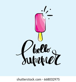 Hello summer concept lettering set of greeting card backgrounds with happy ice cream cute