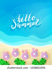 Hello Summer concept. Letters hello summer on the blue sea top view. Vector illustration.