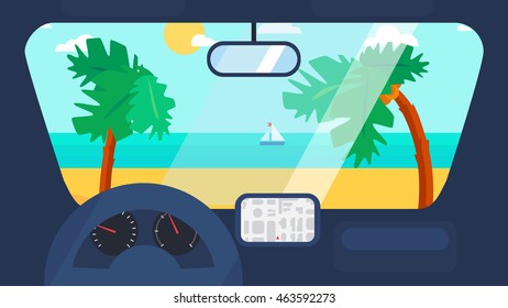 Hello Summer Concept on palm beach from inside car interior with wheel, speedometer, gps navigator. Vacation travel tropical poster with sun exotic island. Vector