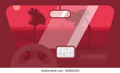 Hello Summer Concept on palm beach from inside car interior with wheel, speedometer, gps navigator. Vacation travel tropical poster with sun exotic island. Vector