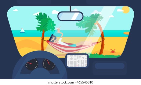 Hello Summer Concept on palm beach from inside car interior with wheel, speedometer, gps navigator. Vacation travel tropical poster with sun exotic island. Vector