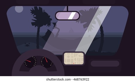 Hello Summer Concept on palm beach from inside car interior with wheel, speedometer, gps navigator. Vacation travel tropical poster with sun exotic island. Vector