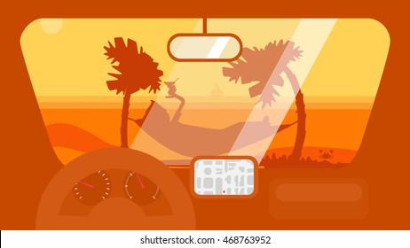 Hello Summer Concept on palm beach from inside car interior with wheel, speedometer, gps navigator. Vacation travel tropical poster with sun exotic island. Vector