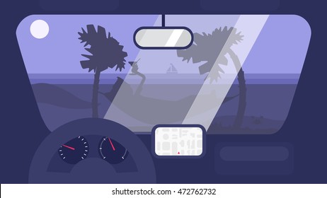 Hello Summer Concept on palm beach from inside car interior with wheel, speedometer, gps navigator. Vacation travel tropical poster with sun exotic island. Vector