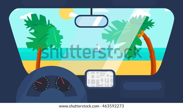 Hello Summer Concept on palm\
beach from inside car interior with wheel, speedometer, gps\
navigator. Vacation travel tropical poster with sun exotic island.\
Vector