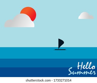 Hello Summer concept: There are sea with sun and cloud. Cartoon vector style for your design