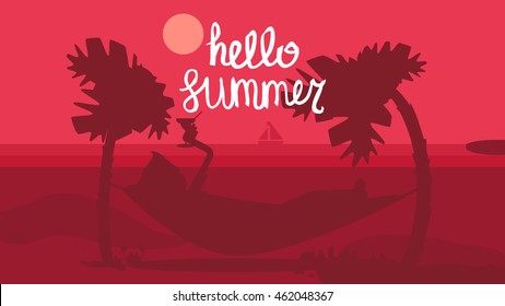 Hello Summer Concept with tourist drinking cocktail in hammock on palm beach. Vacation and travel tropical poster with sun and exotic island. Sunset. Vector