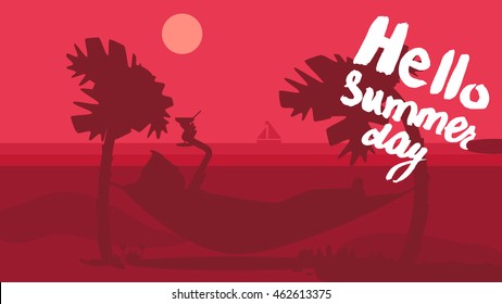 Hello Summer Concept with tourist drinking cocktail in hammock on palm beach. Vacation and travel tropical poster with sun and exotic island. Sunset. Vector