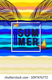 Hello summer concept with tropical palm leaves vintage abstract background.Vector illustration.