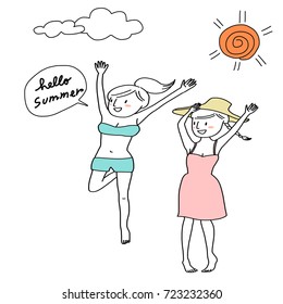 Hello summer concept with two cute women in bikini and summer dress jumping on the beach on a sunny day.  Word balloon with wording - hello summer included. Vector illustration with hand-drawn style.