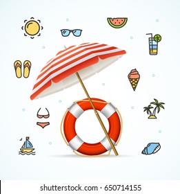 Hello Summer Concept Vacation on Beach with Umbrella and Life Buoy Happy Time. Vector illustration