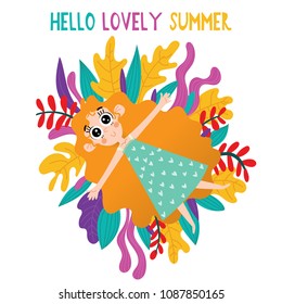 Hello summer concept vector illustration with cute girl in flat style. Template for poster, banner, card, etc.