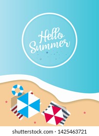 Hello summer concept vector illustration. Top view of beach. Template for poster, banner, card, flyer etc