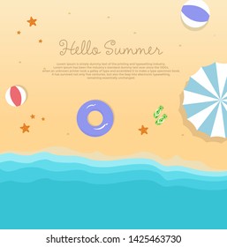 Hello summer concept vector illustration. Top view of beach. Template for poster, banner, card, flyer etc