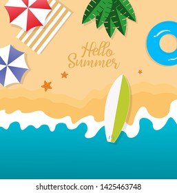 Hello summer concept vector illustration. Top view of beach. Template for poster, banner, card, flyer etc