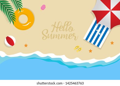 Hello summer concept vector illustration. Top view of beach. Template for poster, banner, card, flyer etc