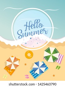 Hello summer concept vector illustration. Top view of beach. Template for poster, banner, card, flyer etc